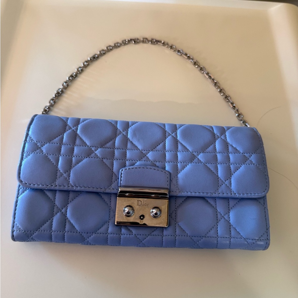 Dior Quilted Cannage Leather in Periwinkle Pouch with Silver Chain